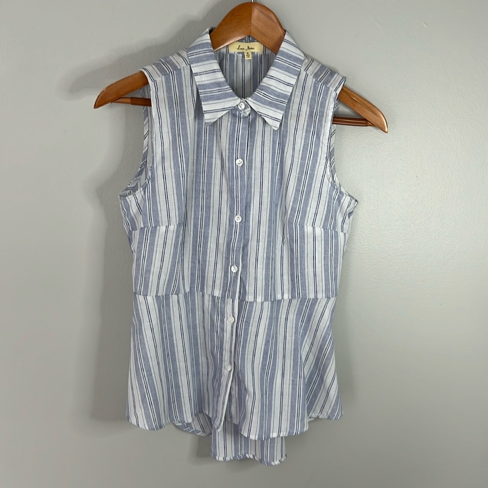 Love Notes Blue/White Striped Sleeveless Peplum Button Up 100% Cotton Blouse